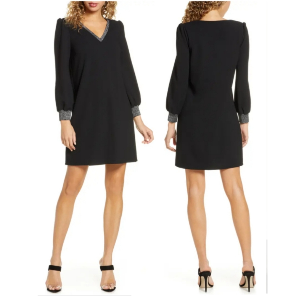 Sam Edelman metallic trim black long sleeve shift dress size 4